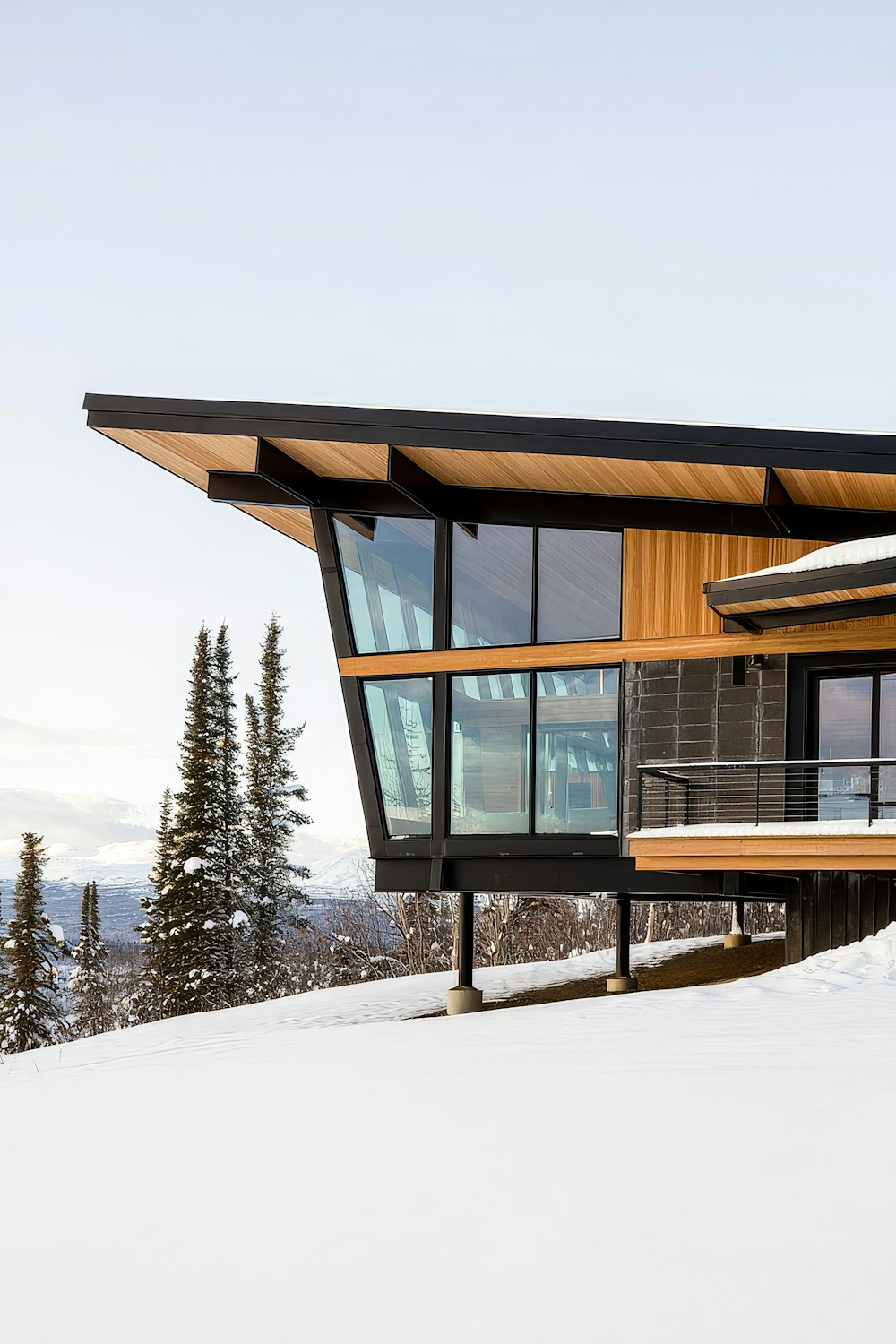 Modern home with a dark roof and wide wood overhang