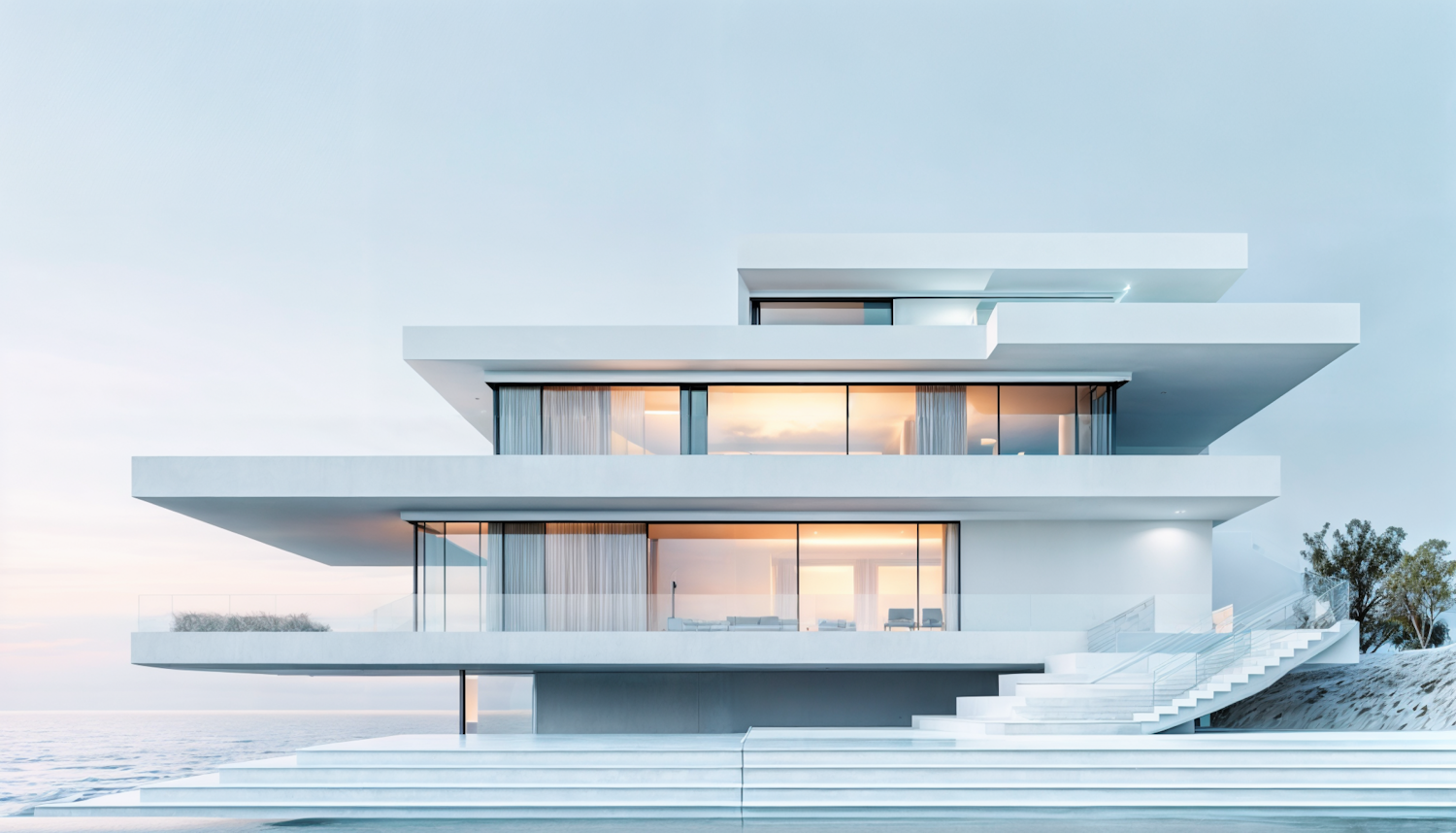 White modern building with several flat roof levels